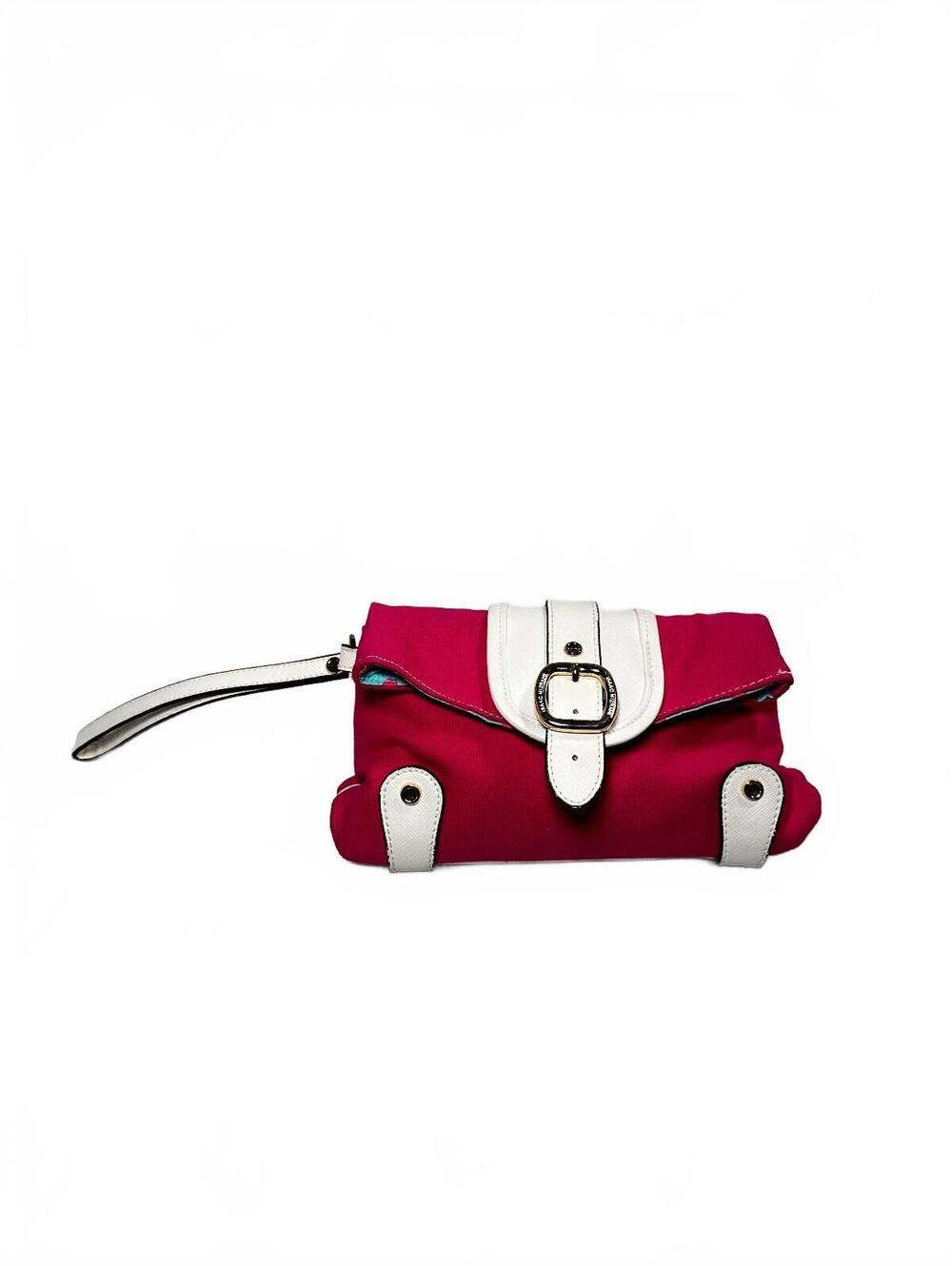 Isaac Mizrahi Hot Pink White Wristlet Clutch Bag Gold Buckle Preppy